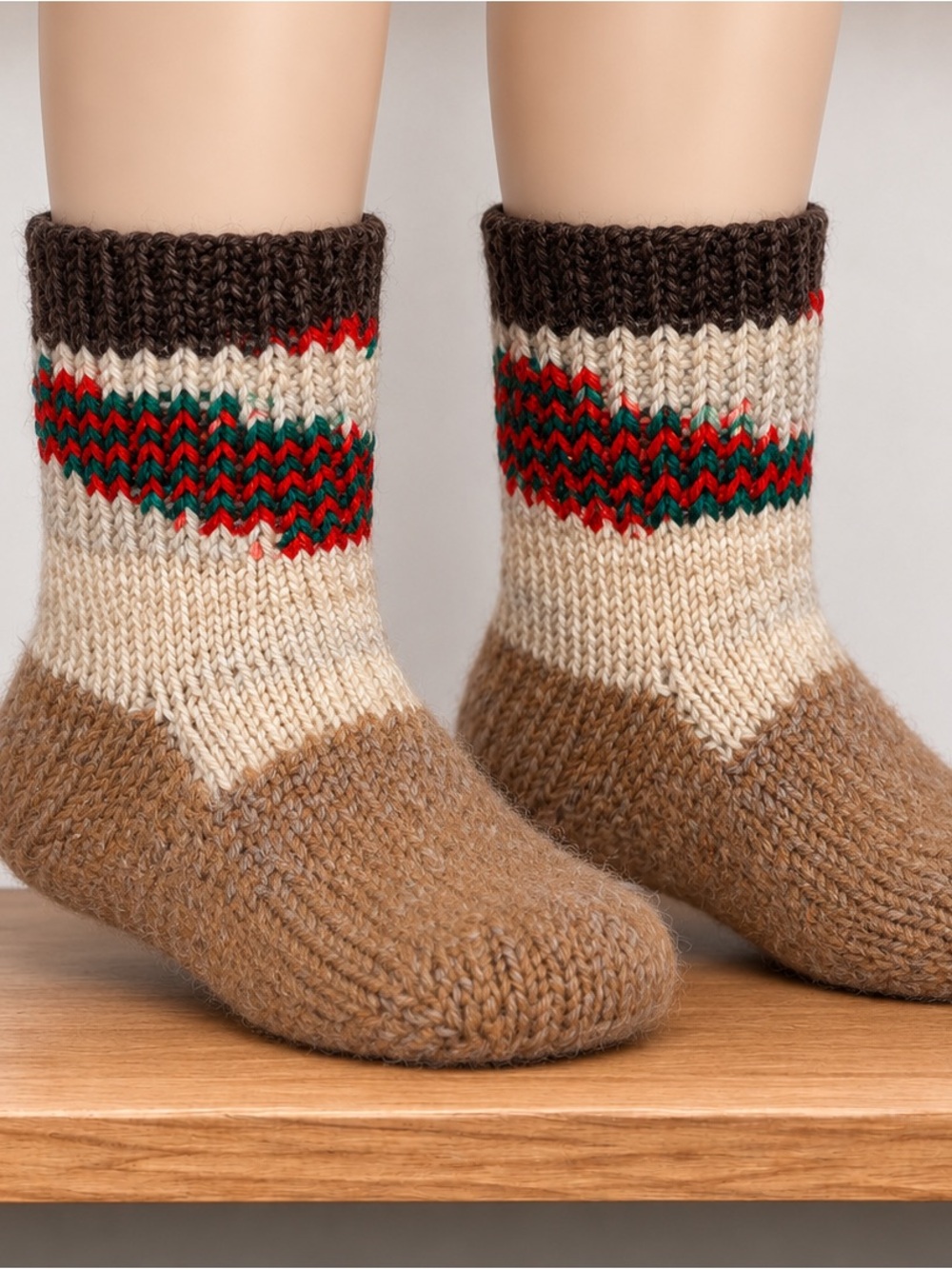 Cozy Kids Alpaca Wool Blend Crew Socks - Brown & Cream with Red/Green Accent